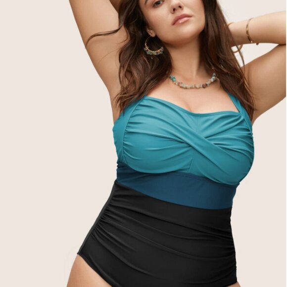BloomChic Plus Size Contrast Twist Front Skinny One Piece Swimsuit - Picture 3 of 3